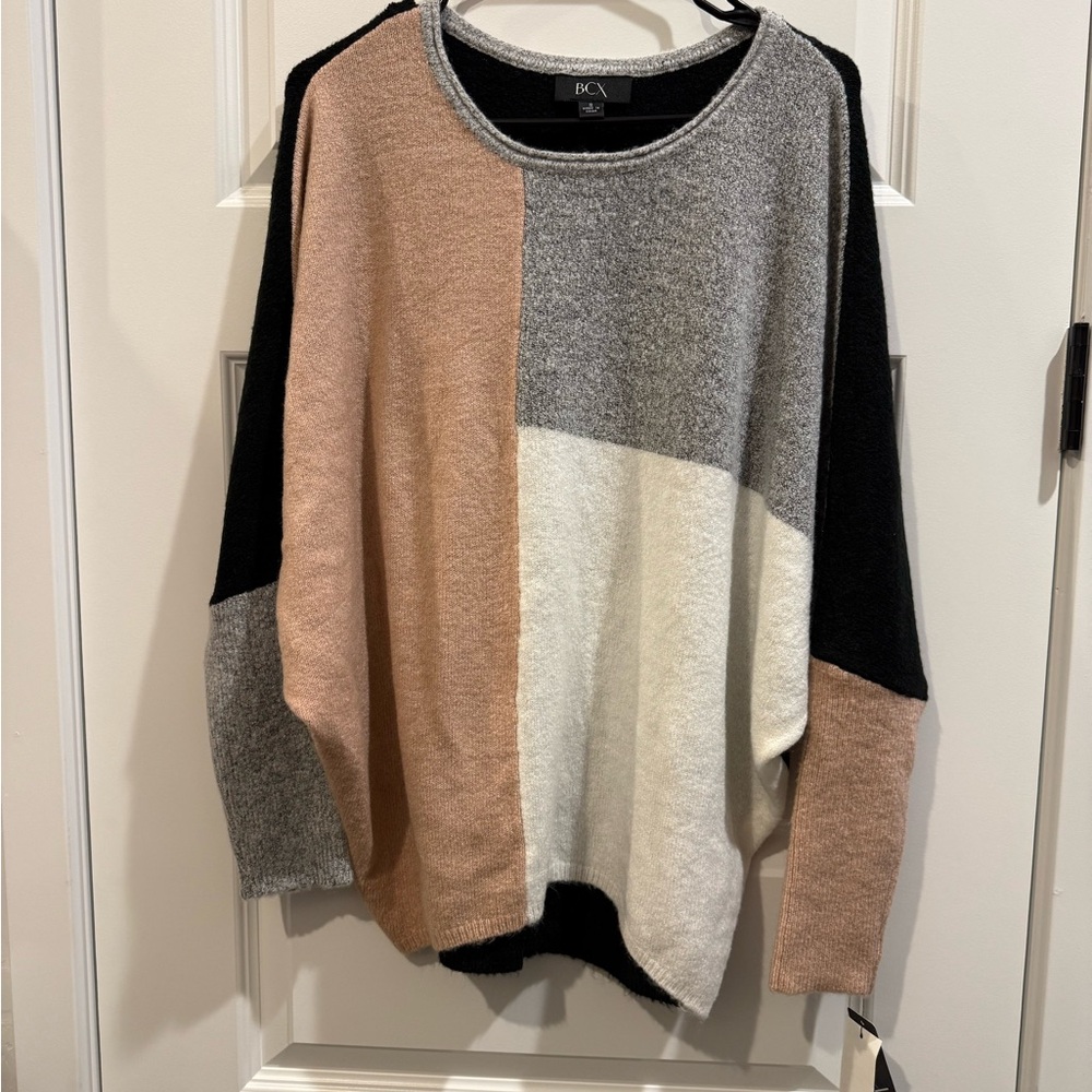 BCX Colorblock Sweater in Black, Gray, White, and Tan